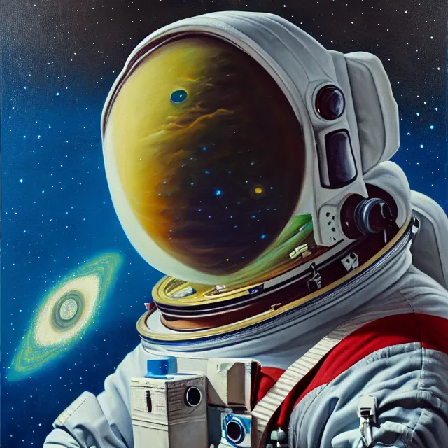 Image similar to an oil on canvas portrait painting of an astronaut, polycount, surrealism, surrealist, cosmic horror, high detail