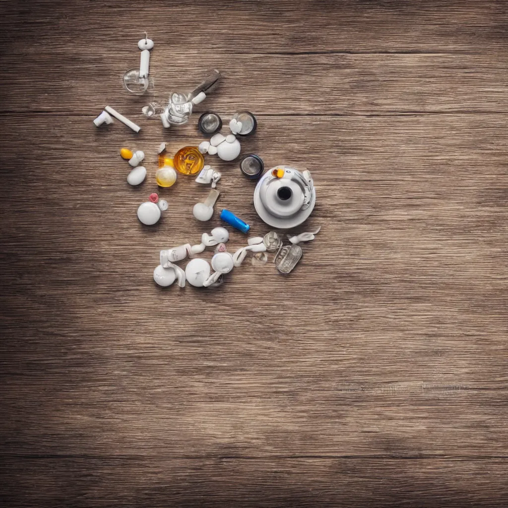 Prompt: 30-degree view of medicine on top of a wooden table, 8k, high detail, photorealistic, proper shading, stock photo