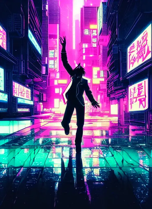 Image similar to city pop idol dancing in the apocalypse cyberpunk, accurate features, very intricate ultrafine details, masterpiece, realistic shaded lighting, detailed backgrounds, epic composition, soft neon lights, rain, in style of yoji shinkawa, pan ren wei, col price, atey ghailan, grunge aesthetic