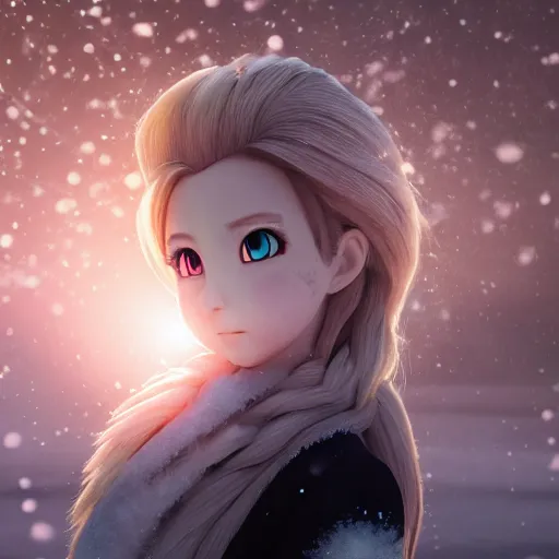 Image similar to portrait focus of super saiyan beautiful 3 d anime girl posing, frozen ice dark forest background, snowing, bokeh, inspired by masami kurumada, octane render, volumetric lighting