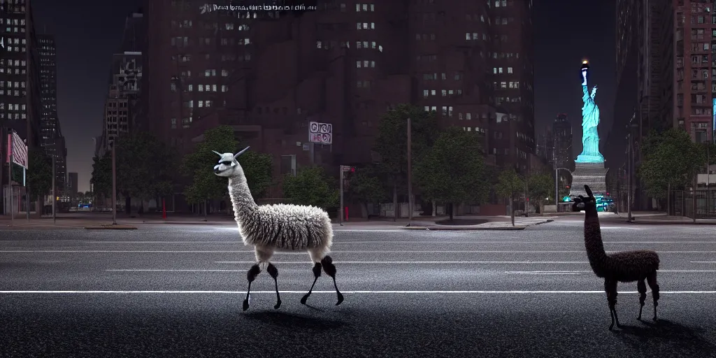 Image similar to a llama walking through a desolate manhattan city street at night, statue of liberty seen in the background, realistic 4 k octane beautifully detailed render, 4 k post - processing, highly detailed, detailed face, intricate complexity, epic composition, magical atmosphere, cinematic lighting, masterpiece, color picture, ultra hd