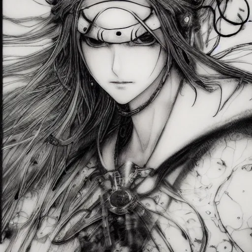 Prompt: Yoshitaka Amano blurred and dreamy illustration of an anime girl with a pirate eye patch, wavy white hair and cracks on her face wearing Elden ring armour with the cape fluttering in the wind, closeup shot, abstract black and white patterns on the background, noisy film grain effect, highly detailed, Renaissance oil painting, weird portrait angle