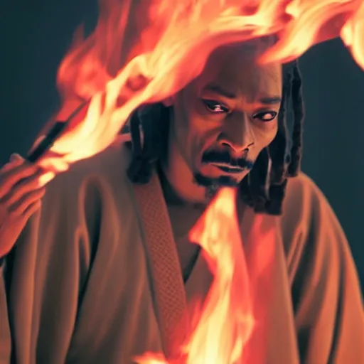 Prompt: cinematic film still of Snoop Dogg starring as a Samurai holding fire, Japanese CGI, VFX, 2022, 50mm lens, shallow depth of field, film photography