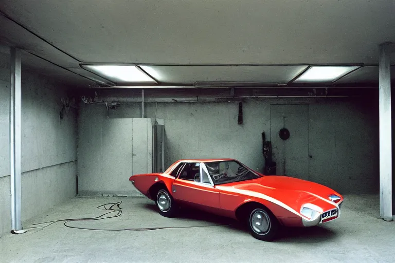 Prompt: single 1969 Alfa Romeo Montreal Thunderbird, inside of a minimalist Tokyo garage, ektachrome photograph, volumetric lighting, f8 aperture, cinematic Eastman 5384 film