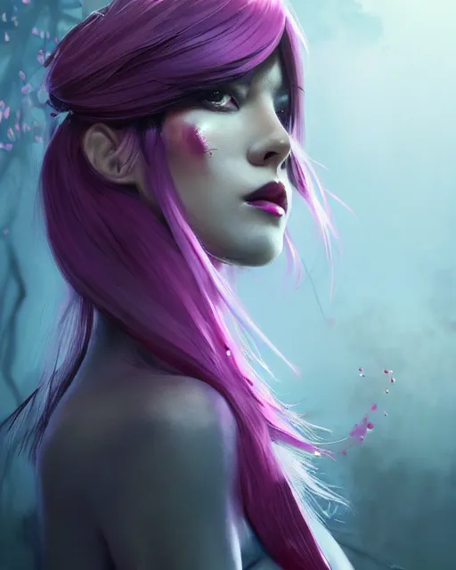 Prompt: a highly detailed image of A beautiful woman, in professional makeup, with medium length magenta hair covering an eye, and a tall tree, and large obsidian crystals, cinematic lighting, dramatic atmosphere, by Dustin Nguyen, Akihiko Yoshida, Greg Tocchini, Greg Rutkowski, Cliff Chiang, 4k resolution, trending on artstation
