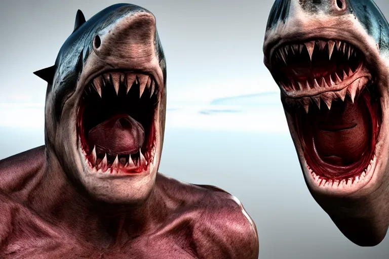 Prompt: A human with shark head made of muscles and flesh, very angry, teeth, ambient light, terror, glows, realistic, photo-realism, hyper realism, picture, detailed, 3D render, scary, distant shot, in the distance,