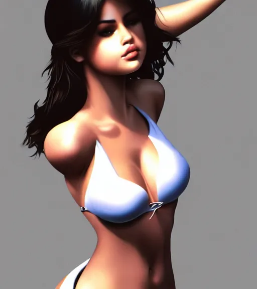 Prompt: thicc Selena Gomez leaning in a car wearing a bikini, intricate big bust, elegant, highly detailed, digital photo, artstation, concept art, smooth, sharp focus, illustration, ue5, photo