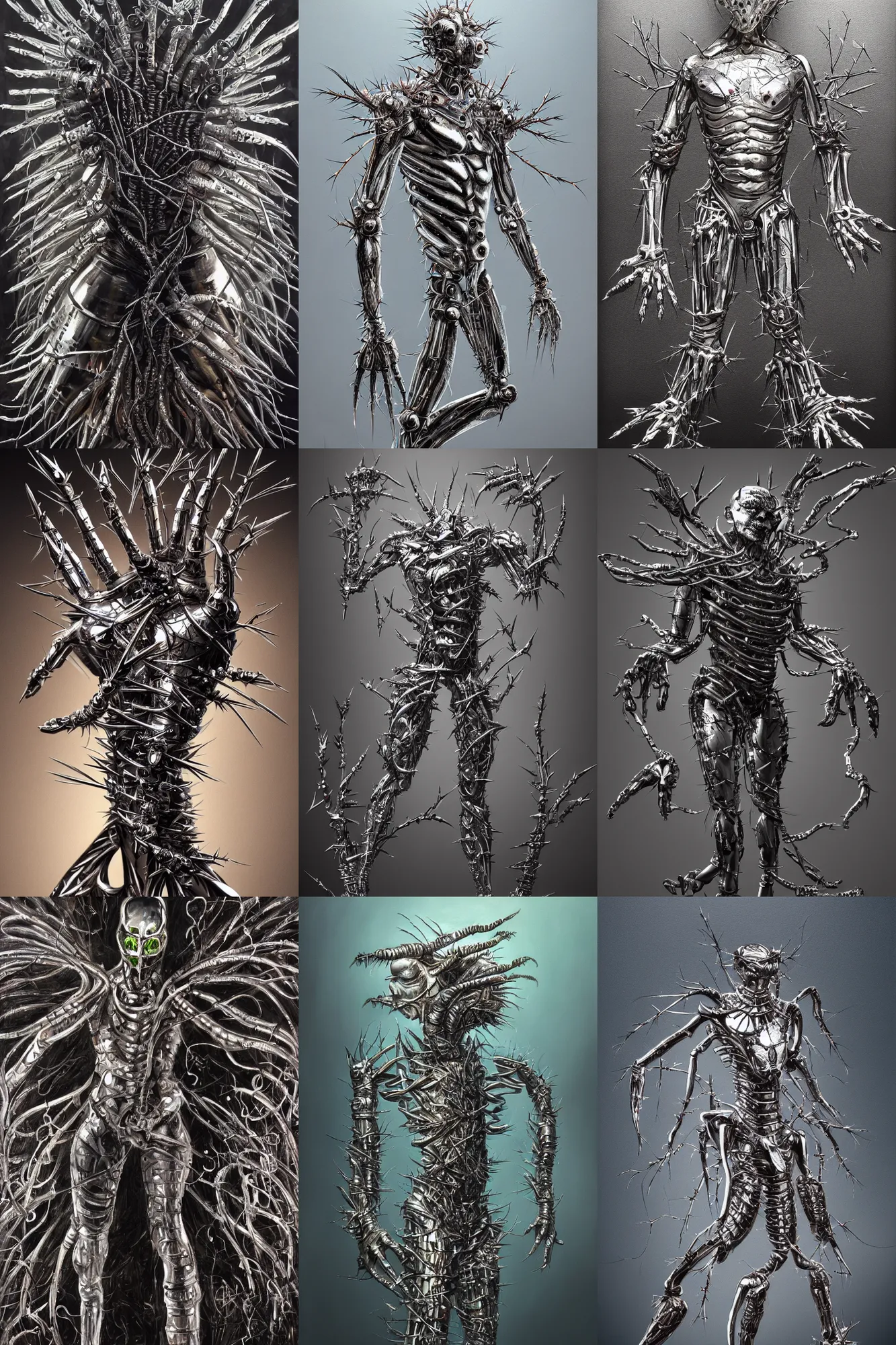 Prompt: a highly detailed painting of a humanoid creature made out of chrome with four arms and scalpel fingerblades with thorns covering it's body, epic lighting, award winning art, trending on artstation, dramatic composition, oil on canvas, HD, 4K