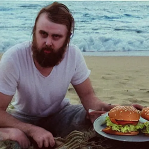 Image similar to burzum eating hamburgers on the beach