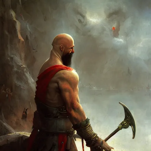 Image similar to painting of kratos in valhalla by hieronymus bosch, greg rutkowski, anna podedworna