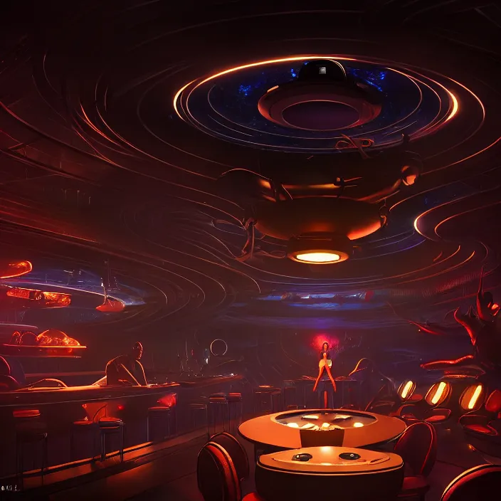 Image similar to a bar in an alien casino, masterpiece, trending on artstation, featured on pixiv, cinematic composition, dramatic pose, beautiful lighting, sharp, details, hyper - detailed, hd, hdr, 4 k, 8 k