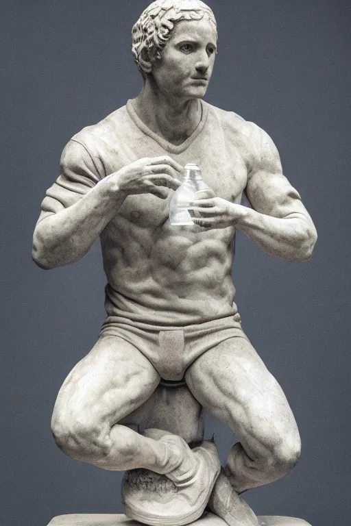 Image similar to marble sculpture of man in Adidas winter jacket, sportswear holding a marble bottle, intricate sculpture, chiseled muscles, godlike, museum photo