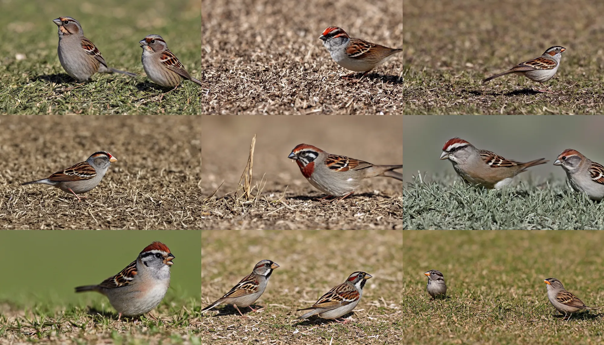 Prompt: a sparrow on a dry lawn
