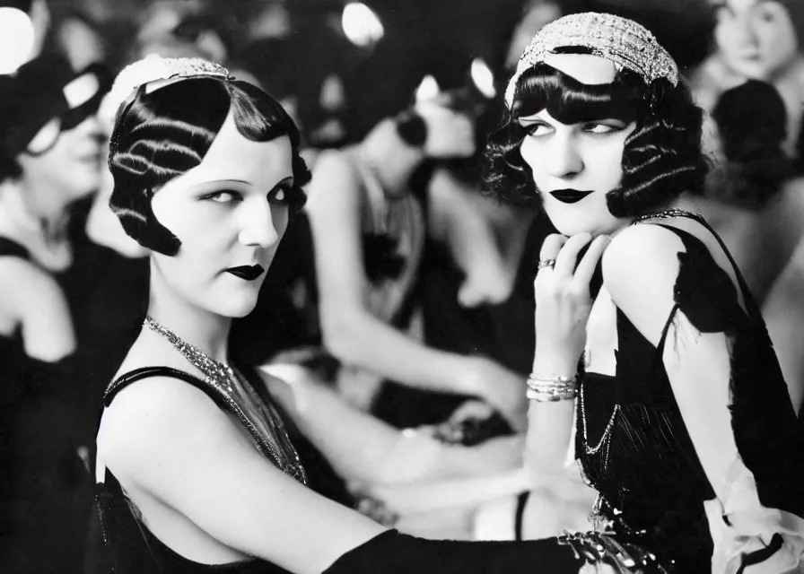 Prompt: a 1 9 2 0 s flapper woman extending her hand in black satin gloves toward the camera, looking at the camera with a smirk, as a jazz party with people dancing is happening in the background behind her in a dimly lit speakeasy, circa 1 9 2 4, depth of field, in the style of edward hopper