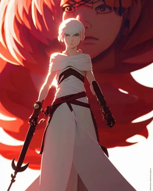 Image similar to azctec warrior, 2 b, detailed perfect face, exquisite details, fire magic, mid view, design on a white background, by studio muti, greg rutkowski makoto shinkai takashi takeuchi studio ghibli