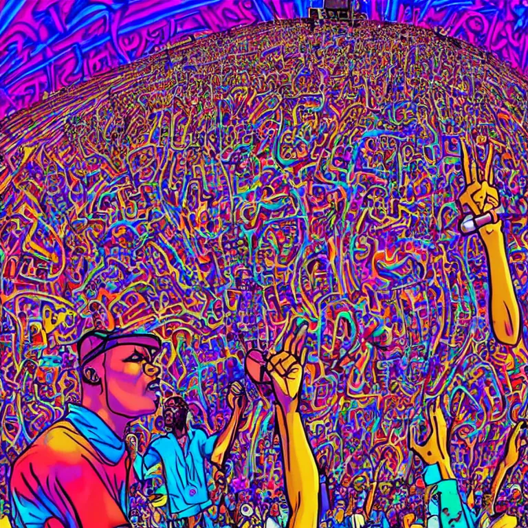 Prompt: rapping on stage at festival, holding microphone, giant crowd, epic angle, profile view, psychedelic hip hop, illustrated by Alex Grey