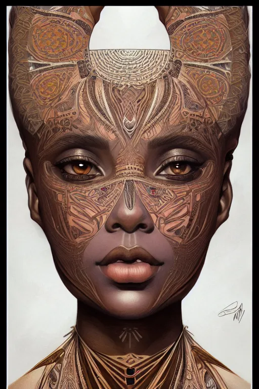 Image similar to symmetrical body portrait of beautiful nubian tribal tattooed young woman, intricate, elegant, highly detailed, digital painting, artstation, concept art, smooth, sharp focus, illustration, art by artgerm and greg rutkowski and alphonse mucha, 8 k