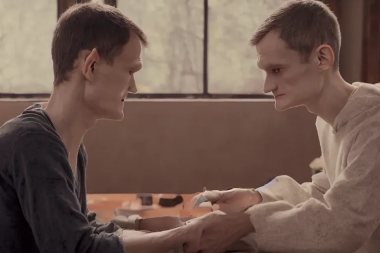 Image similar to vitalik buterin merging ethereum, movie still, cinematic, 8 k, hd