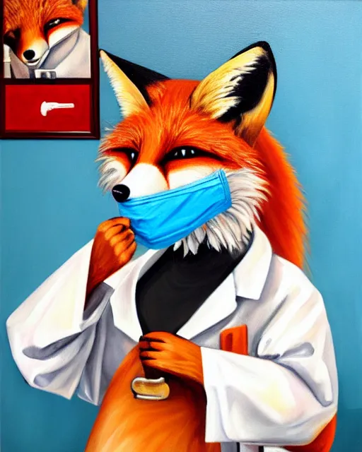 Image similar to oil painting portrait of anthropomorphic female fox animal dressed in labcoat, surgical mask covering mouth, with syringe, fox animal, hospital in background, oil painting,