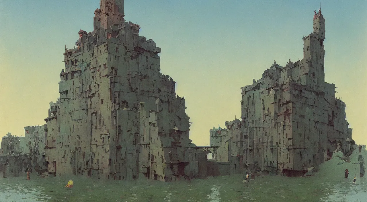 Prompt: single flooded simple antique clay tower, very coherent and colorful high contrast!! masterpiece by rene magritte simon stalenhag carl spitzweg syd mead norman rockwell edward hopper james gilleard, dark shadows, sunny day, hard lighting