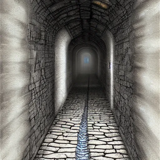 Prompt: A corridor in a stone dungeon. a giant cockroach slithers away. fantasy art.