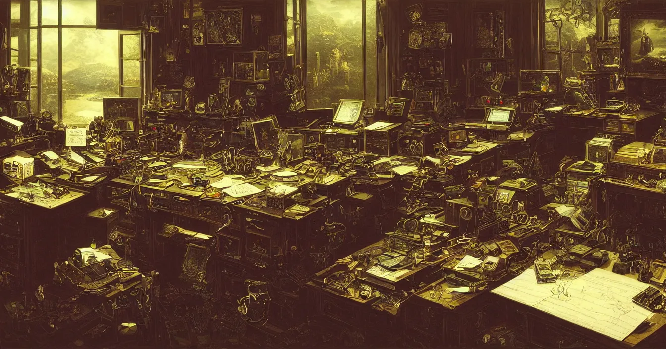 Prompt: Wide view of a hardware geek's desk from the future, full of various electronic hardware components and instruments, incredible sharp detail, back light contrast, dramatic dark atmosphere, bright vivid colours, reclections, metal speculars, painted by Asher Brown Durand , Gustave Dore, George Inness, Martin Johnson Heade