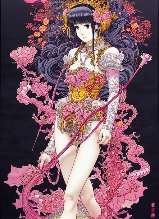 Image similar to highly detailed artstation katsuhiro otomo fluorescent fantastic fate manga poster of princess mechine, minaba hideo, takato yamamoto, long hair, armor, laces, ruffles, 8 k, maximalist, art nouveau,