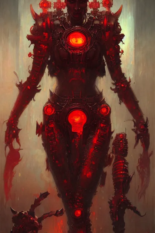 Image similar to attractive i robot demon queen with crown and red eyes, painting by gaston bussiere, craig mullins, luis rollo, torso portrait, digital painting, highly detailed, artstation, sharp focus, illustration, concept art, hd