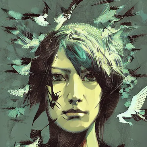 Prompt: portrait of a daydreaming woman being progressively rasterized into pixels, surrounded by digital birds, by yoji shinkawa, esao andrews and dave mckean