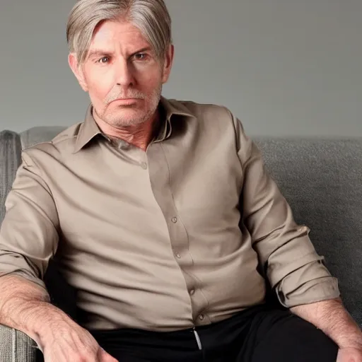 Prompt: full body photo of steve, mature male, mysterious face. he is sitting gracefully on a sofa, elegant slim beige shirt, tight shirt, big belly