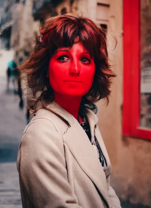 Image similar to color portrait of a beautiful 35-year-old Italian woman, wearing a red outfit, candid street portrait in the style of Mario Testino close up, detailed, award winning, Sony a7R