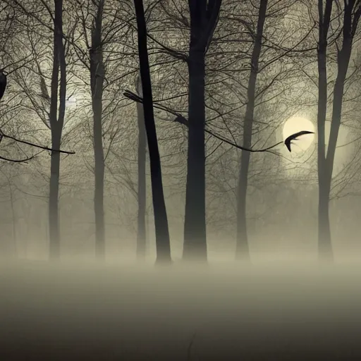 Prompt: owl flying at night through fog in the forest lit by the full moon