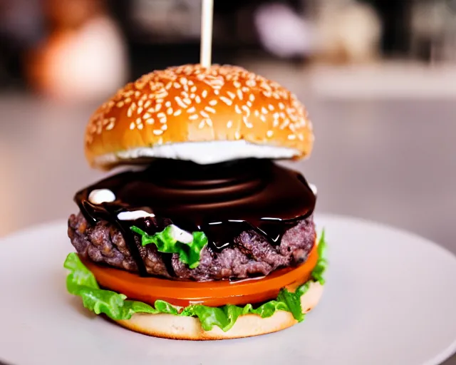 Image similar to dslr food photograph of burger with marshmallows in it, chocolate sauce, 8 5 mm f 1. 4