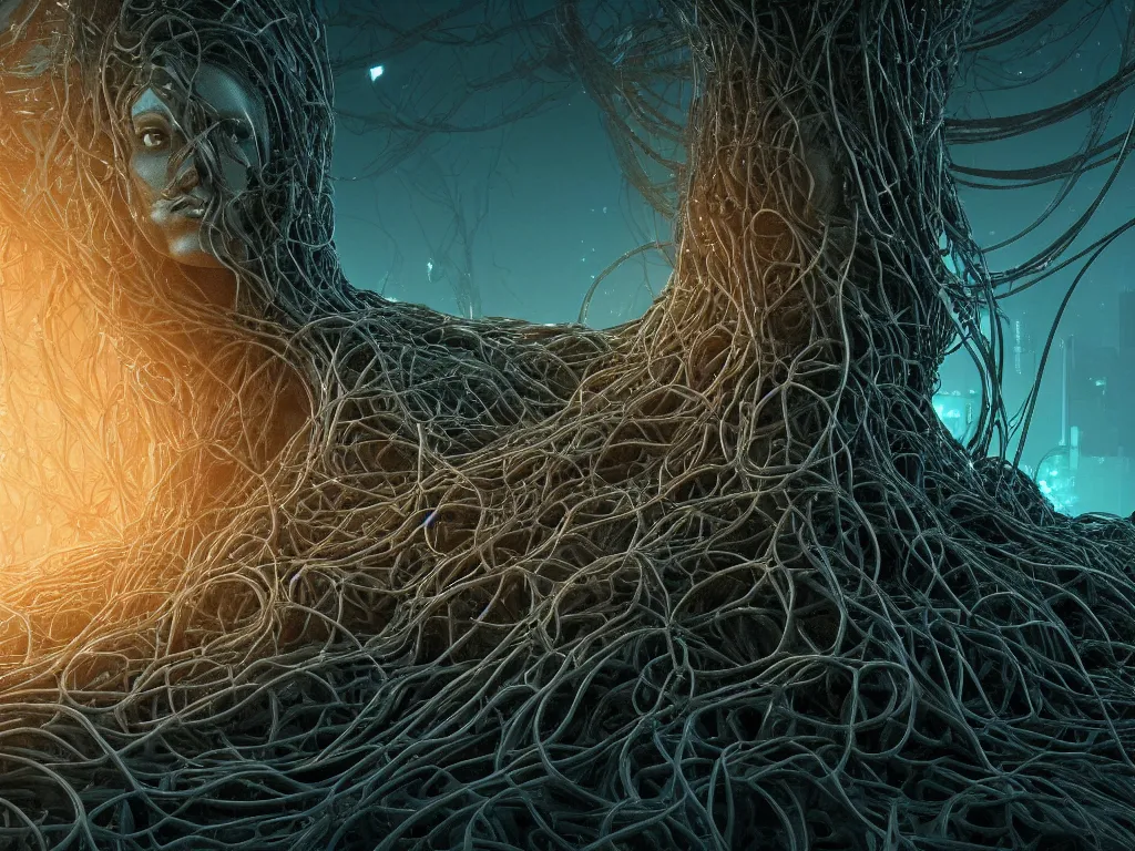 Prompt: a centered render of an goddess entangled in an alien bio - organic landscape adorned with thick cables and synthesizer parts is surrounded by sacred geometry, fat bio - mech tree roots, powerful, cinematic, beautifully lit, by beeple, by h. r. giger, 3 d, trending on artstation, octane render, 8 k