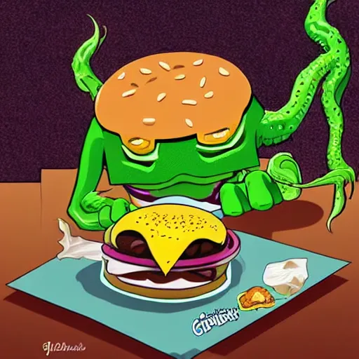 Image similar to Cthulhu eating a cheeseburger, photo realistic, award-winning, highly-detailed, epic, cinematic, dramatic