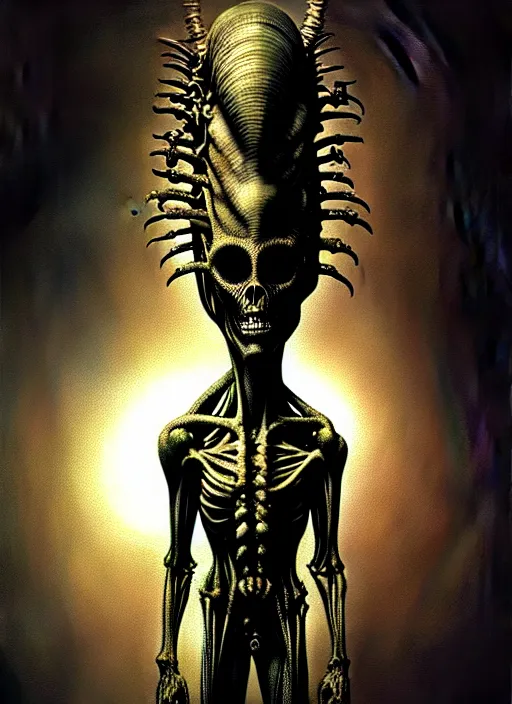 Prompt: ultra realist horror painting of a dimly back lit alien hellish creature, very intricate details, focus, model pose, full frame image, artstyle h r giger and craig mullins, award winning