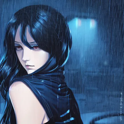 Prompt: seductive snake - girl, in the rain, highly detailed, painting, dark blue and black color palette, intricate, high quality anime artstyle, in the style of ilya kuvshinov