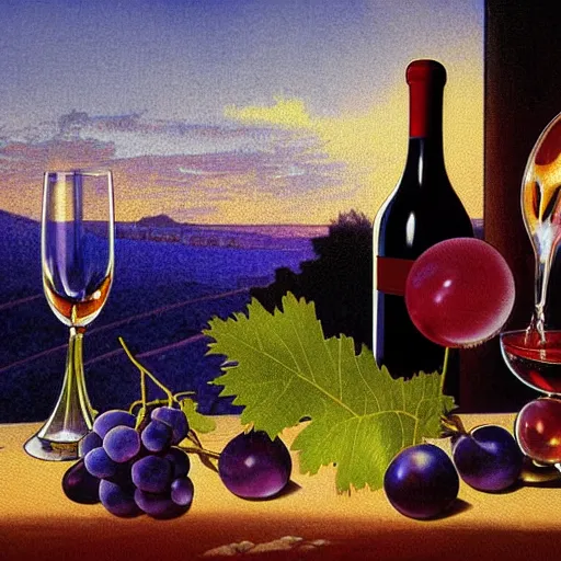 Prompt: sunset, fantasy, grape, bottles of wine with patches of grapes behind ， mucha, 4 k, digital art