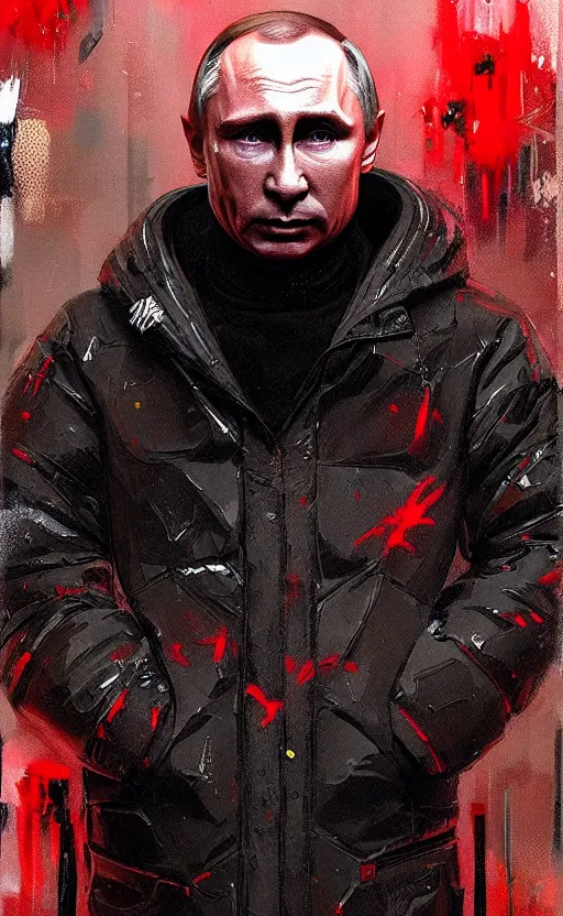 Prompt: detailed portrait vladimir putin, cyberpunk futuristic neon, reflective puffy coat with blood splats by ismail inceoglu dragan bibin hans thoma greg rutkowski alexandros pyromallis nekro rene maritte illustrated, perfect face, fine details, realistic shaded, fine - face, direct glaze