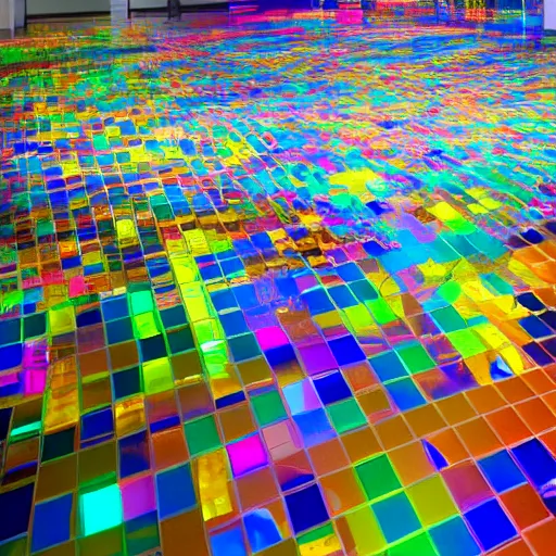 Prompt: a room with a lot of different colored glass blocks on the floor, a hologram by huang ding, featured on tumblr, holography, irridescent, holographic, hall of mirrors