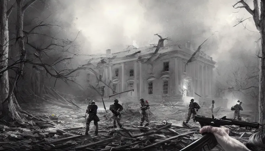 Image similar to lumberjack and soldiers with shotgun and rifles exploring destroyed white house, cloudy day, light through windows, hyperdetailed, artstation, cgsociety, 8 k