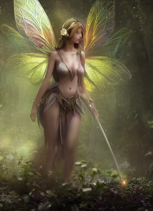 Image similar to beautiful beautiful fairy faerie fey fae queen forest spirit highly detailed CGsociety subtle enchanting alluring magical concept art HDR hyper realistic volumetric lighting subsurface scattering unreal