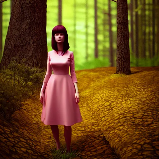 Image similar to a woman in a pink dress standing in a forest, a character portrait by ilya kuvshinov, cg society contest winner, neo - romanticism, ilya kuvshinov, daz 3 d, polycount