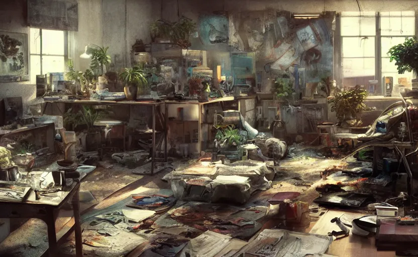 Image similar to a stylish artist studio interior, messy, many plants, drafting table, easel, painting by Craig Mullins, octane rendering, warm moody lighting, wide angle lens, low view, in the style of blade runner, trending on artstation,