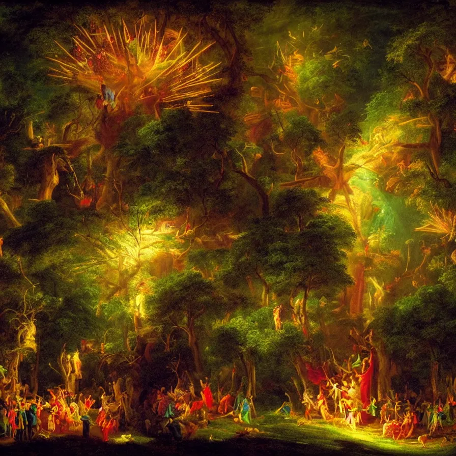 Image similar to closeup of a night carnival inside a tree cavity in a magical forest in the middle of a summer storm, with a music scenario with many fireworks and christmas lights, volumetric lightning, instense god rays in the sky, folklore people disguised with fantastic creatures in a magical forest by summer night, masterpiece painted by thomas cole, very coherent and colorful high contrast masterpiece,