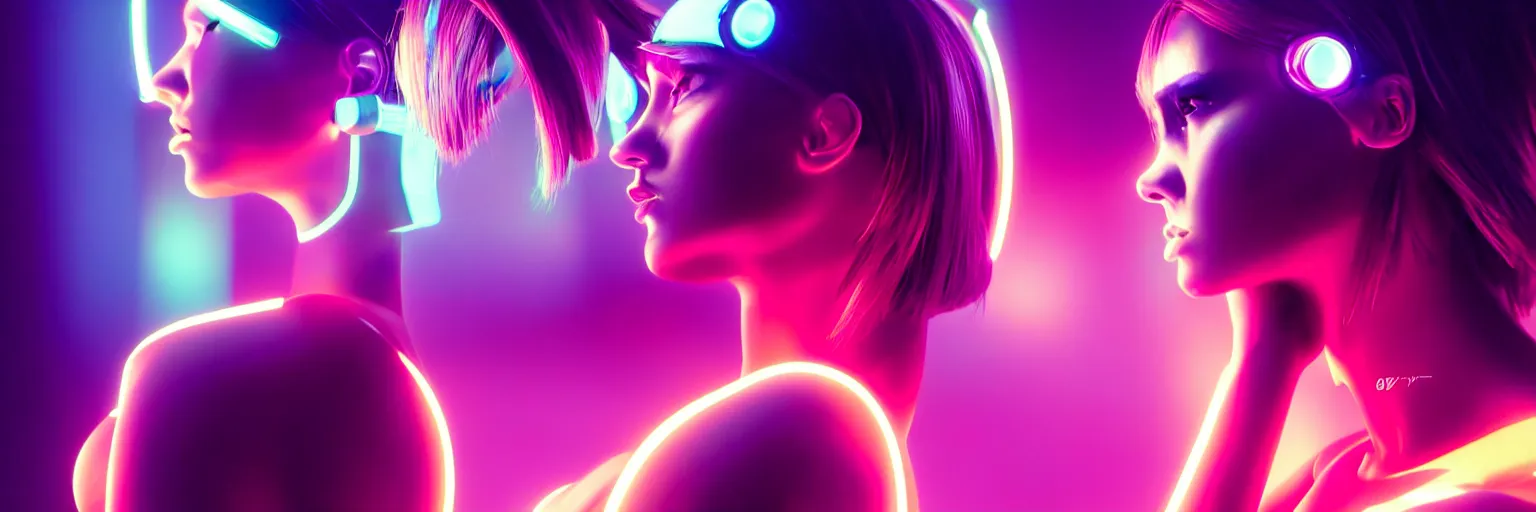 Image similar to 2 0 0 mm lens photography of a few female humanoid cropped tight portrait, cyberpunk high fashion, elegant profile pose, cyber neon lighting, retro futurism, retro futuristic glossy latex bikini, bokeh background, profile posing, hyper photorealistic, crispy quality, digital photography, art by artgerm, art by greg rutkowski,
