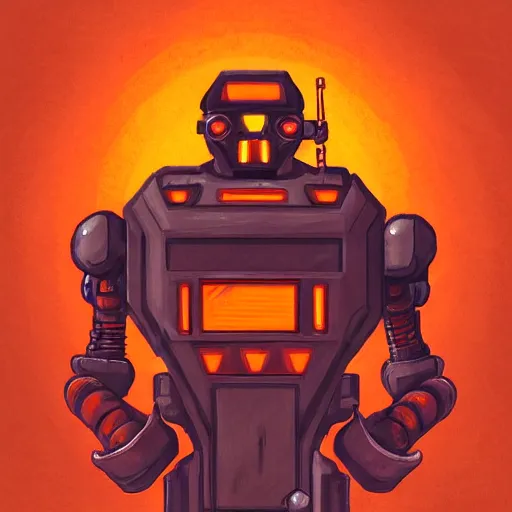 Image similar to A portrait of an orange battle robot drinking orange juice, fantasy art, clean digital art, clean background, D&D art style, dark feeling, chill feeling