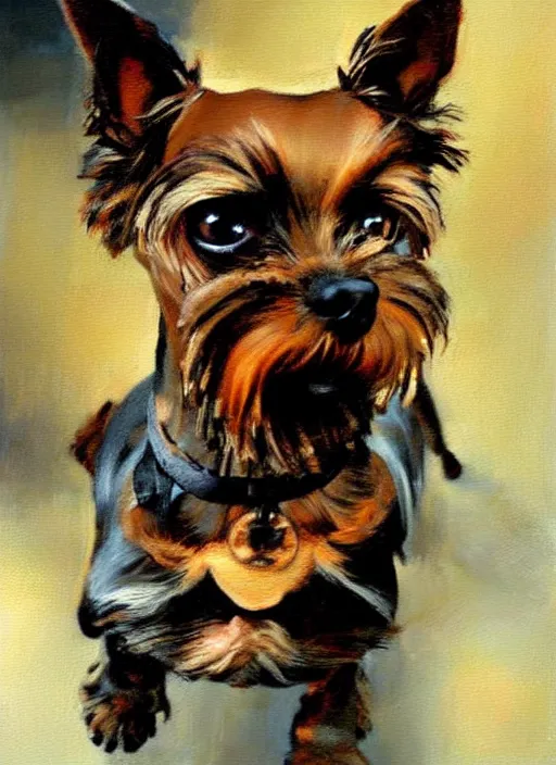 Prompt: tan schnauzer chihuahua mix, enraged, painting by phil hale, 'action lines'!!!, graphic style, visible brushstrokes, motion blur, blurry