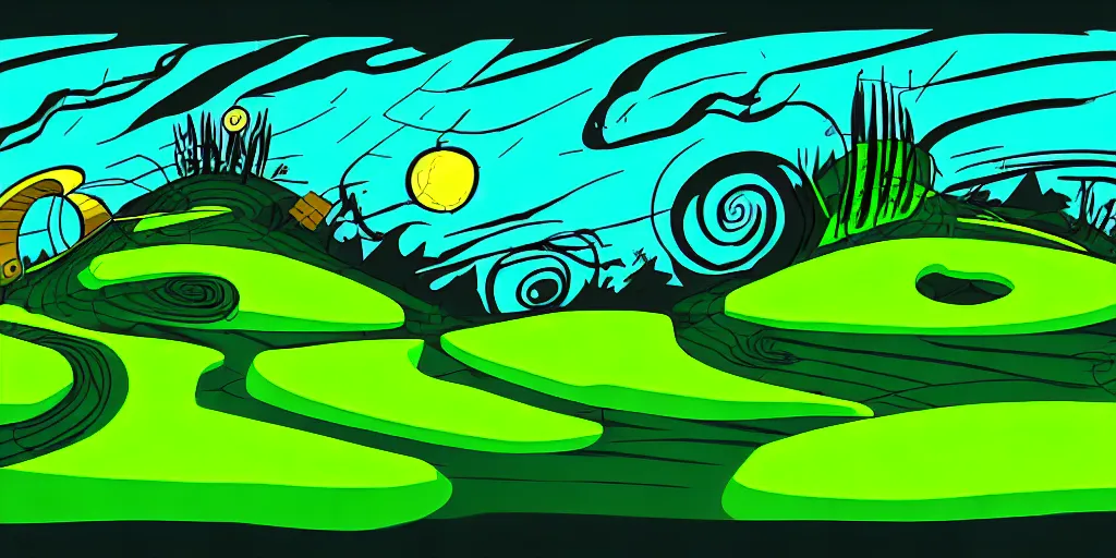 Prompt: night cartoon cartoon concept art, grass mountain landscape, from sam and max, black blue green, spiral lines, medium filter