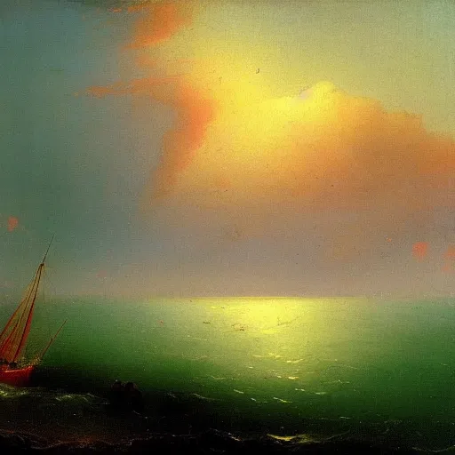 Prompt: red clouds and green ocean with sailboat painting by ivan aivazovsky